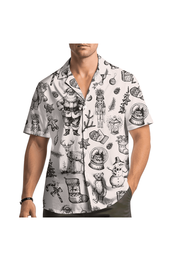 Vintage Christmas Hawaiian Shirt, Retro Santa Claus Reindeer Snowman Pattern Button Up Shirt