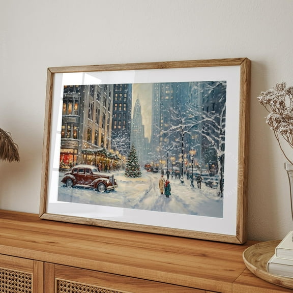 Vintage Christmas In New York City Print, Christmas Wall Art, Christmas Wall Art Winter Print, 1950s Retro Christmas Painting, 12x18 UNFRAMED