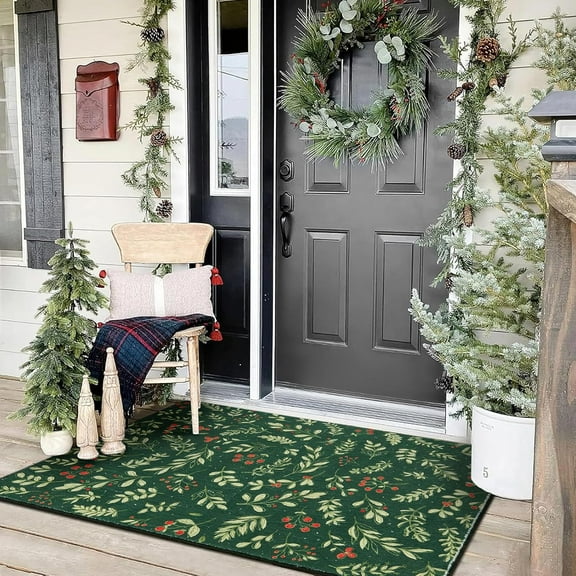 Vintage Christmas Indoor Door Mat Entrance Rug, Xmas Tree Red Flowers Winter Plants Rug, Country Floral Christmas Small Area Rugs for Kitchen Bathroom Entryway Bedroom