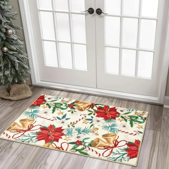 Vintage Christmas Indoor Door Mat Entrance Rug, Xmas Tree Red Flowers Winter Plants Rug, Country Floral Christmas Small Area Rugs for Kitchen Bathroom Entryway Bedroom