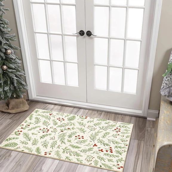 Christmas Holly Berry Doormat, Green Leaf & Red Berry Holiday Rug, Non-Slip Washable Indoor/Outdoor Floor Mat for Entryway/Kitchen, 24x16in