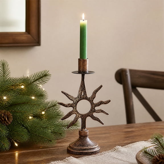 Vintage Christmas Iron Candlestick Sun Star Moon Celestial Design Tabletop Ornament for Holiday Dinner Table Party Mantel Home Winter Decoration Gift