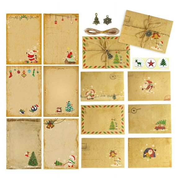 Vintage Christmas Kraft Letter Paper Set with 30 x Retro Envelopes 36 x Stickers