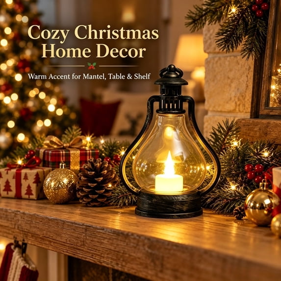 Vintage Christmas LED Lantern, Bronze Hurricane Lamp with Flickering Flameless Candle, Battery Operated Tabletop & Hanging Light for Indoor Christmas Holiday Decor