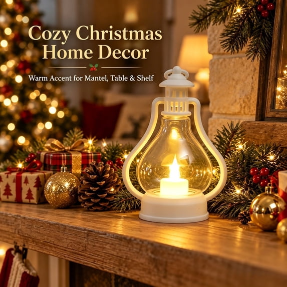 Vintage Christmas LED Lantern, White Hurricane Lamp with Flickering Flameless Candle, Battery Operated Tabletop & Hanging Light for Indoor Christmas Holiday Decor