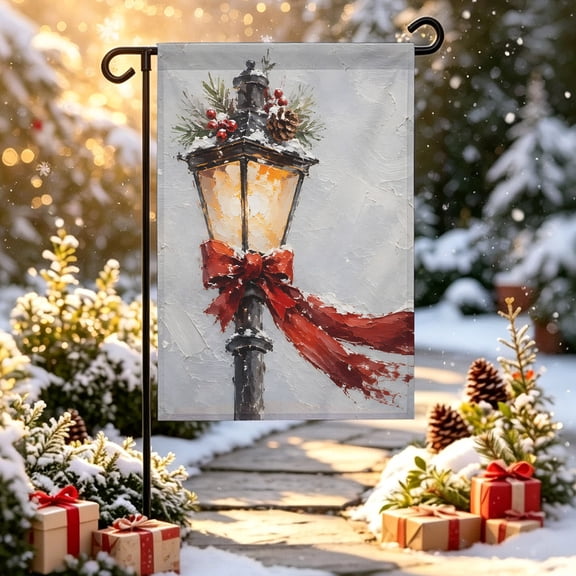 Vintage Christmas Light Garden Flag 12x18 inch Winter Red Bow Pine‑Cone Berry Double Sided Small Decorative Garden Flags for Outside, Outdoor Yard Porch Lawn Decoration