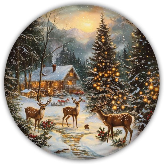 Vintage Christmas Metal Sign Barn Christmas Pine Tree Round Tin Sign Retro Winter Rustic Wall Decor for Porch Window Outdoor Famhouse Kitchen Bedroom 8×8 Inch