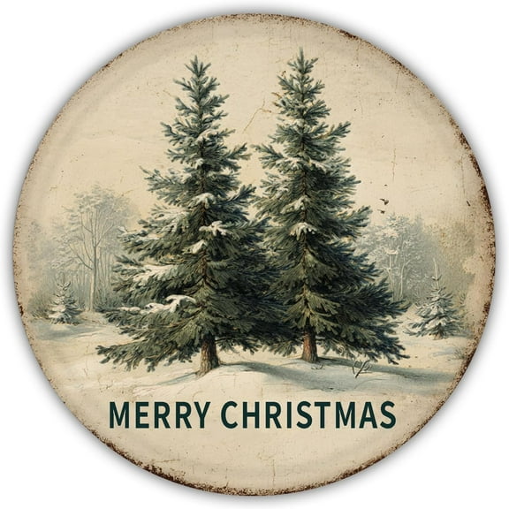 Vintage Christmas Metal Sign Barn Christmas Pine Tree Round Tin Sign Retro Winter Rustic Wall Decor for Porch Window Outdoor Famhouse Kitchen Bedroom 8×8 Inch