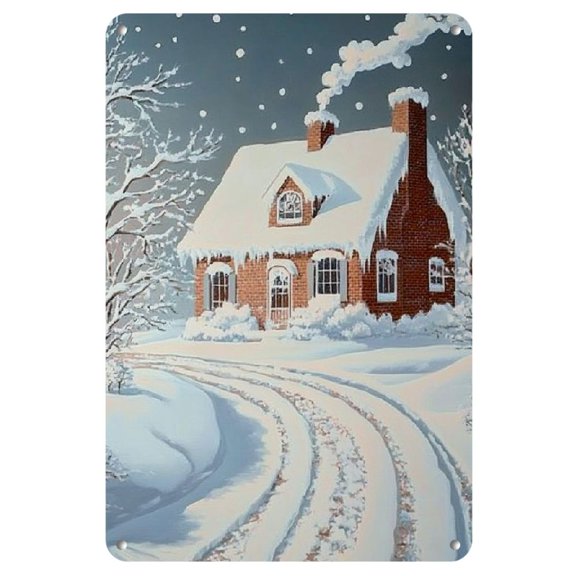 Vintage Christmas Metal Tin Sign, 8x12 Inches - Snowy Winter Scene with Red-Roofed House, Weatherproof Wall Decor for Home, Living Room, Bedroom, Office, Hotel, Cafe, Pub, Winter Decorations for Home
