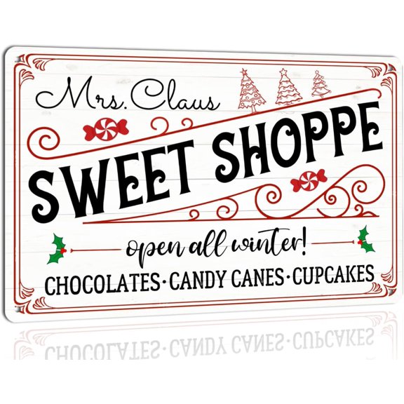 Vintage Christmas Metal Tin Sign Mrs Claus Sweet Shoppe Wall Art Retro Winter Decor for Kitchen Cafe Bar Home 8x12 Inch