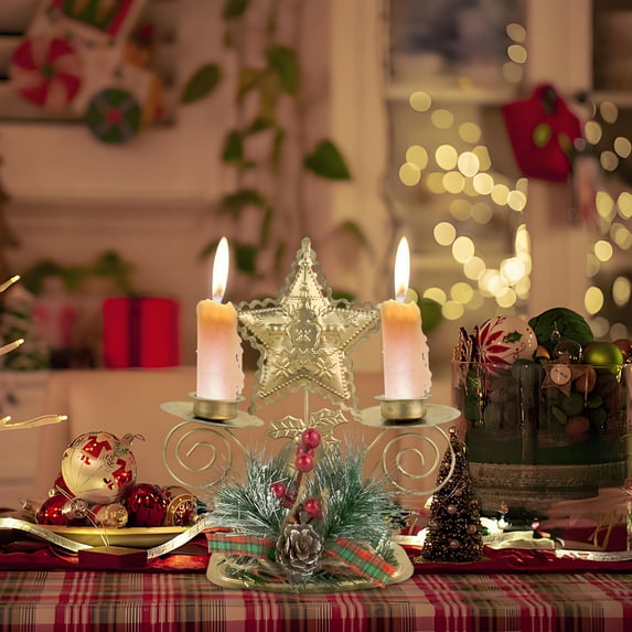 Vintage Christmas Ornaments New Christmas Golden Iron Double Candlestick Window Desktop Decoration Christmas Holiday Decoration C