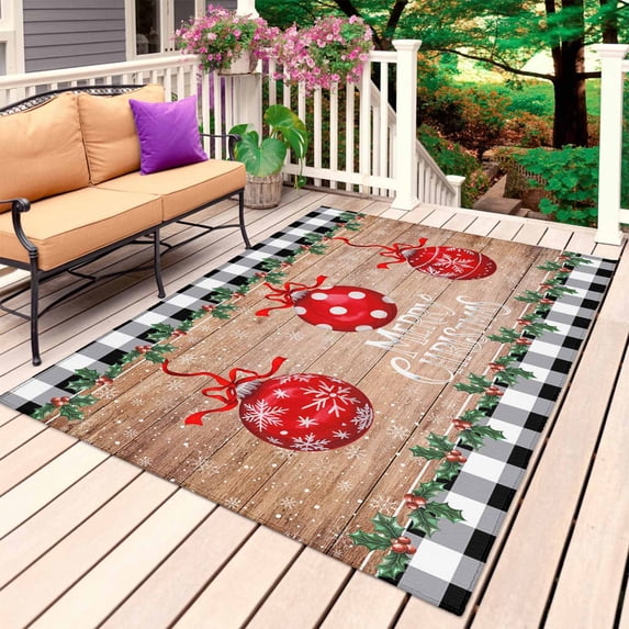 Vintage Christmas Outdoor Rug 5x7 Ft, Non Slip Washable Area Rug, Xmas Balls Trees Snowflakes Black Plaid Patio Rugs Carpet Runner, Large Floor Mat for Indoor/Outdoor Deck Porch Camping