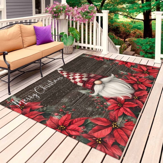 Vintage Christmas Outdoor Rug for Patio/Deck/Porch, Non-Slip Large Area Rug 3 x 5 Ft, Xmas Gnomes Red Poinsettia Brown Indoor Outdoor Rugs Washable Area Rugs, Reversible Camping Rug Carpet Runner