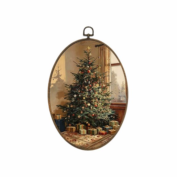 Vintage Christmas Oval Wall Art, 11x9 in White Green Farmhouse Holiday Hanging Home Decor