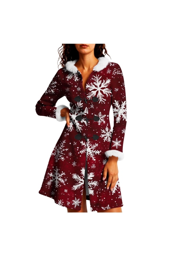 Vintage Christmas Overcoat for Women Mid-Lenght Frog Button Fur Trim Elegant Hooded Trench Coat Winter Outerwear Jacket