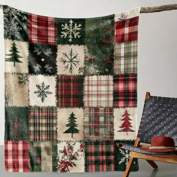 Vintage Christmas Patchwork Flannel Blanket, Snowflake Berry Tree Design, Cozy Throw