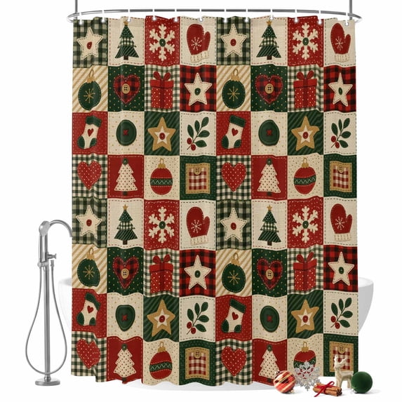Vintage Christmas Patchwork Shower Curtain, Festive Snowflake Tree Mitten Red Waterproof Washable Fabric Bathroom Shower Curtain with 12 Hooks, 72" x 84"