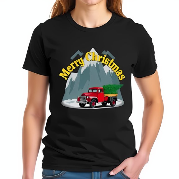 Vintage Christmas Pickup Truck Cotton Short Sleeve T-Shirt - Cheerful Red Truck with Tree in Snowy Landscape Festive " Merry Christmas " Design