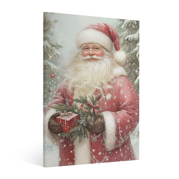 Vintage Christmas Pink Santa Claus Wall Art Paint - Retro Xmas Festive Winter Holiday Christmas Wall Decor Canvas for Living Room Kitchen Bathroom Home Bedroom Decor Framed