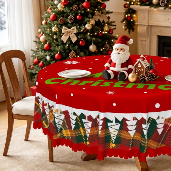 Vintage Christmas Plaid Round Dining Tablecloth,60 Inch,Decorative Table Cover for Farmhouse Xmas Home Decor