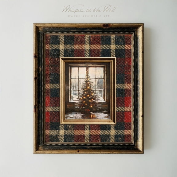Vintage Christmas Plaid Wall Art Rustic Holiday Window Tree Print Cozy Tartan Christmas Decor Moody Preppy Artwork