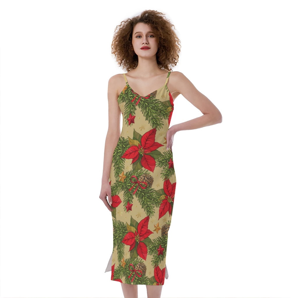 Vintage Christmas Poinsettia Print Slim Fit Midi Cami Dress, Jesus  Christian Fashion Summer Maxi Sexy Casual Dress For Women