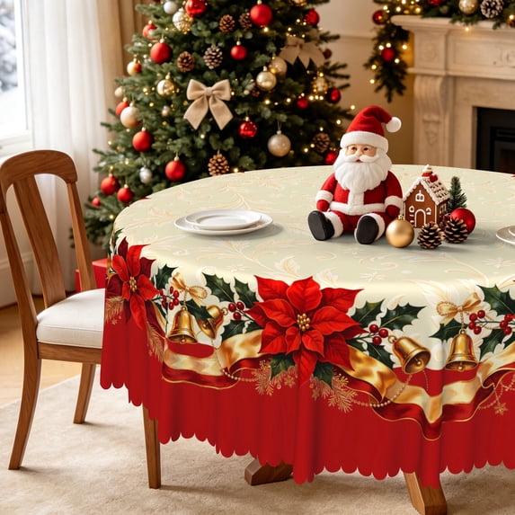 Vintage Christmas Poinsettia Tablecloth,60 Inch Round,Polyester Table Cover for Family Holiday Party