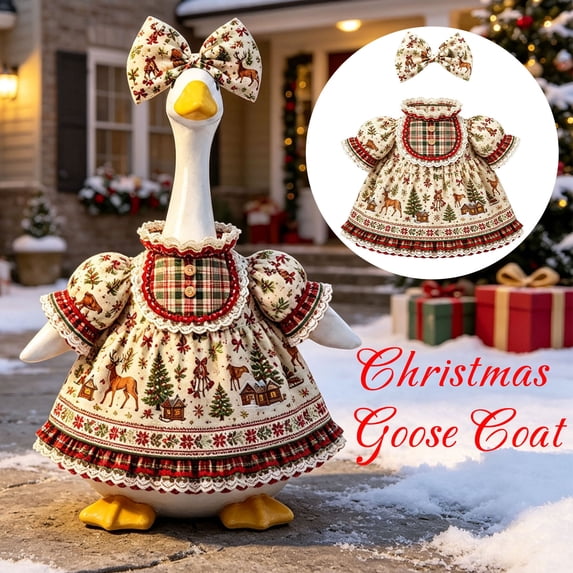 Vintage Christmas Porch Goose Clothes for 23" Statue Goose - 2Pcs Dress with Reindeer Xmas Tree Cabin Print & Matching Big Bow - Xmas Goose Costumes for Outdoor Yard Garden Patio Lawn Decor - Akmoler