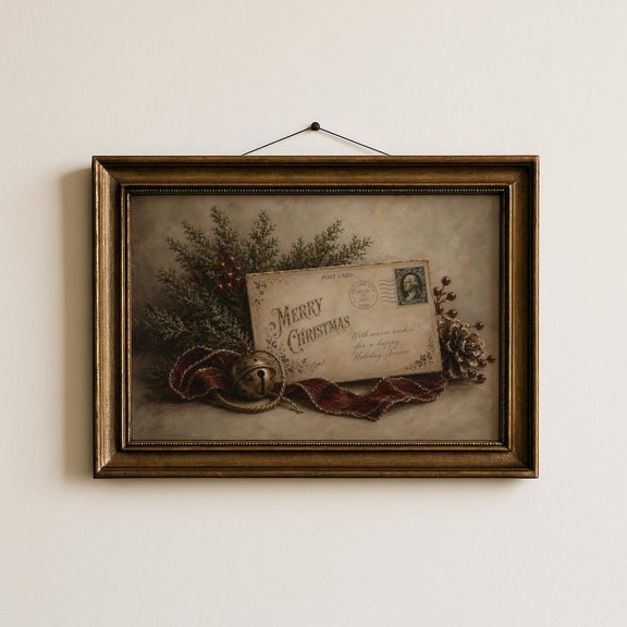 Vintage Christmas Postcard Antique Holiday Rustic Winter Poster