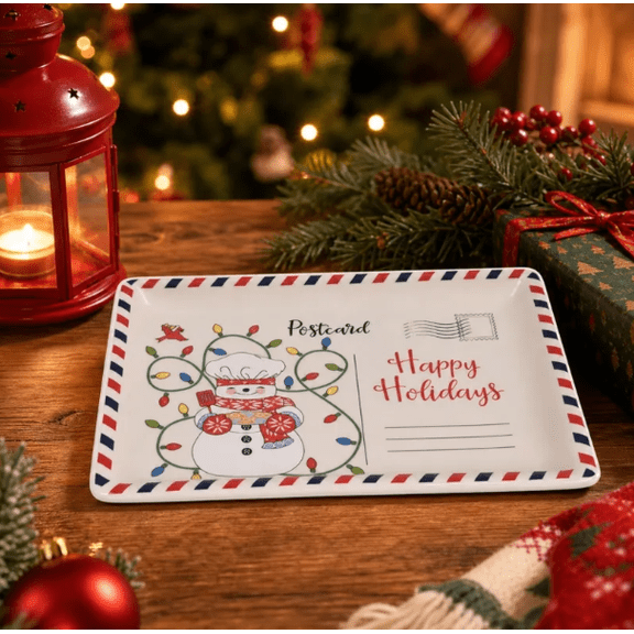 Vintage Christmas Postcard Platter, Heat Resistant Ceramic Serving Tray for Santa Cookies and Festive Party Treats