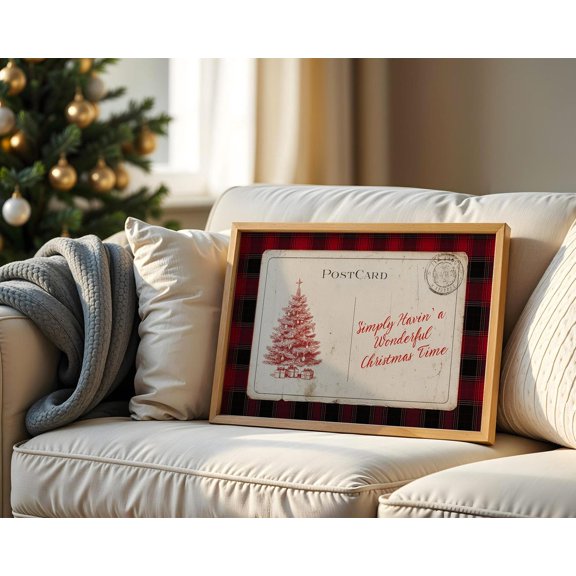 Vintage Christmas Postcard Red Plaid Holiday Tree Print Rustic Christmas Quote Retro Christmas