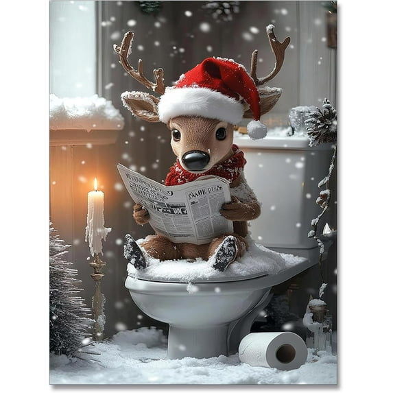 Vintage Christmas Posters Cute Animal Reading Newspaper On Toilet Aesthetic Prints Christmas Deer Winter Canvas Wall Art Funny Barthroom Painting Home Wall Decor For Bedroom Dorm 8x12in Unframed