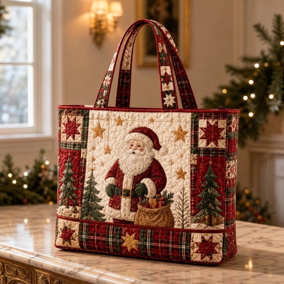 Vintage Christmas Printed Quilted Tote Bag for Women Large Capacity Handbag with Santa Pine Tree and Star Motifs for Shopping