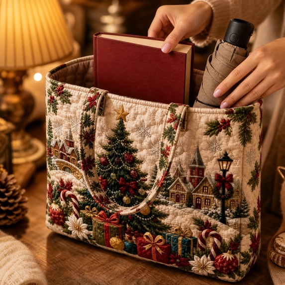 Vintage Christmas Printed Quilted Tote Bag for Women Large Capacity Handbag with Winter Village Tree and Gift Motifs for Shopping