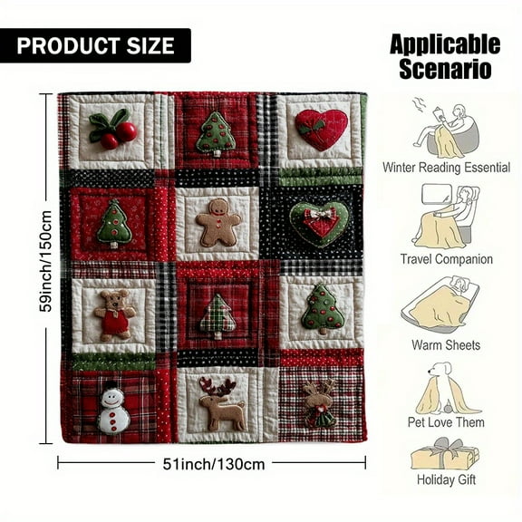 Vintage Christmas Quilt Throw Blanket, Soft Flannel All-Season Bedspread with Gingerbread Holly Reindeer Snowflakes, Red Green Brown Holiday Decor