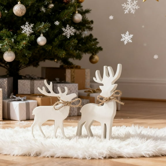 Vintage Christmas Reindeer Decorations for Home, Office, Mantel, Tabletop, Party, Shelf, 2 Retro Farmhouse Reindeers Winter Holidays Table Centerpiece Decor, Wooden Xmas Decoration(4pc)