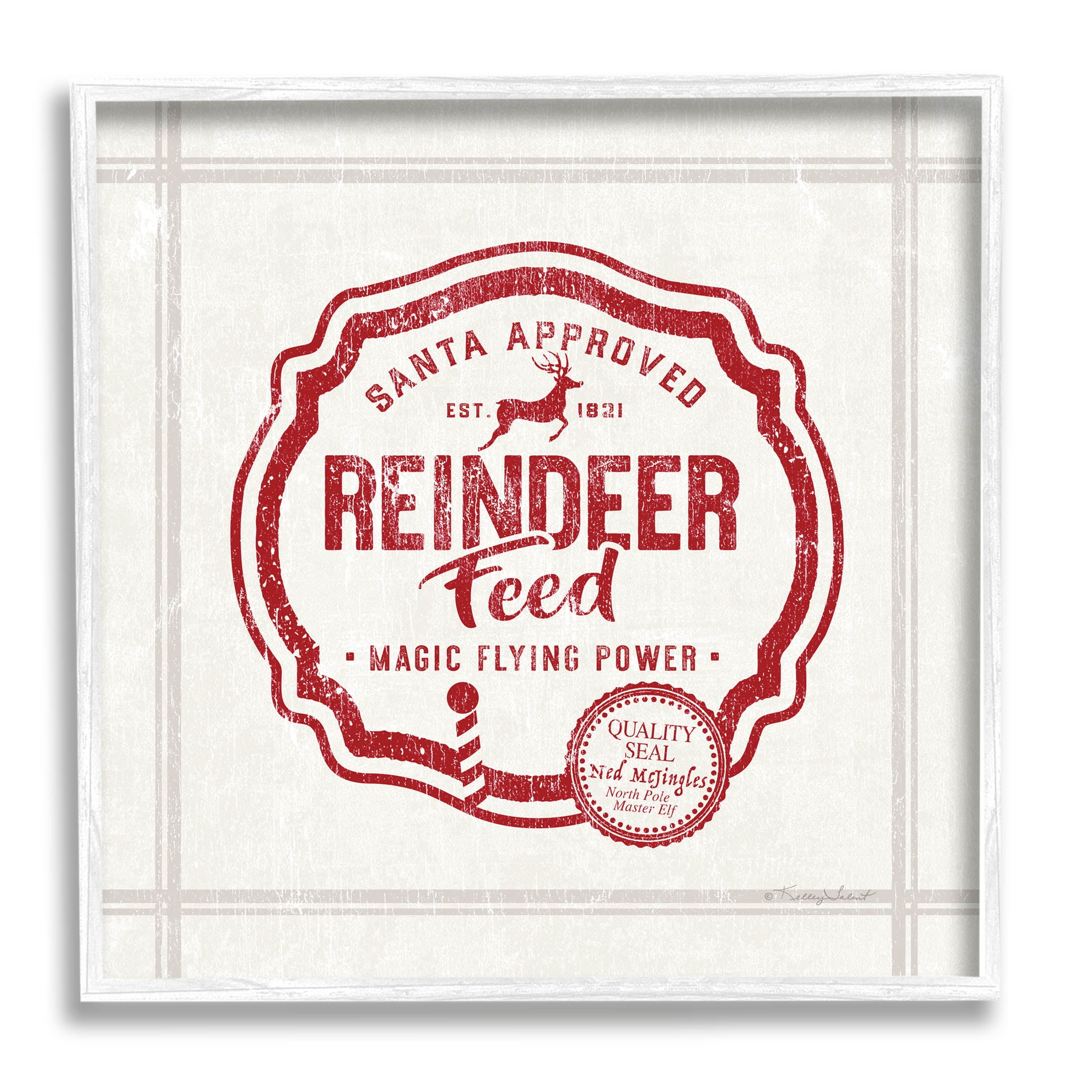 Vintage Christmas Reindeer Feed Holiday Graphic Art White Framed Art Print Wall Art