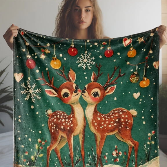 Vintage Christmas Reindeer & Snowflake Fleece Blanket - Soft Flannel Throw with Festive Reddish-Orange Decor, Cozy Holiday Design for Sofa, Bed, Car, Office, Camping - Perfect All-Season Gift, Reinde