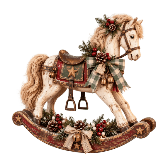 Vintage Christmas Rocking Horse Decoration with Pinecone and Plaid Bow Accents, 1 Piece 7.48 Inch White and Rustic Wood Figurine for Farmhouse Mantel Display