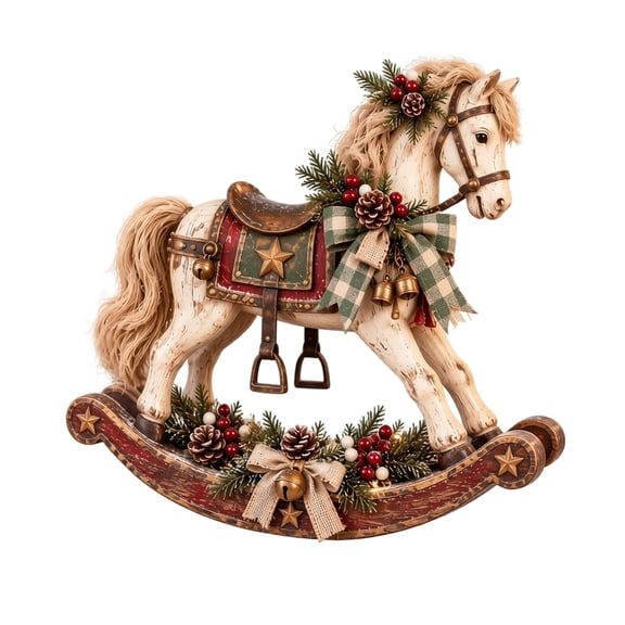 Vintage Christmas Rocking Horse-Rustic Farmhouse Holiday Tabletop Decor,7.48 x7.48 In, Festive Desktop Sculpture for Home Seasonal Styling, Rustic Decor Admirers