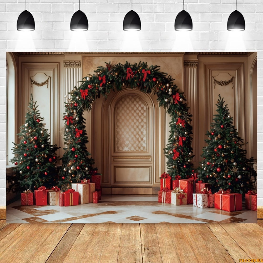 Vintage Christmas Room Backdrop for Photography Retro Wall Wreath Arch ...