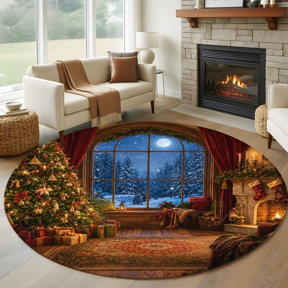 Vintage Christmas Round Area Rug 5ft, Xmas Tree French Country Cottagecore Washable Non-Slip Circle Rugs for Bedroom Living Room Kitchen, Soft Low Pile Carpet for Dining Room Playroom Nursery