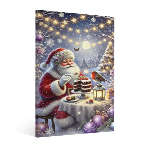Vintage Christmas Santa Claus and Birds Share Cake Wall Art Paint Framed - Retro Xmas Festive Winter Holiday Christmas Wall Decor Canvas Print for Living Room Kitchen Bathroom Home Bedroom Decor