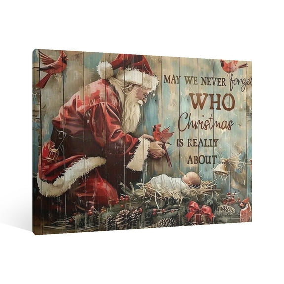 Vintage Christmas Santa Claus and the Birth of Jesus Wall Art Paint Framed - Retro Xmas Festive Winter Holiday Christmas Wall Decor Canvas Print for Living Room Kitchen Bathroom Home Bedroom Decor