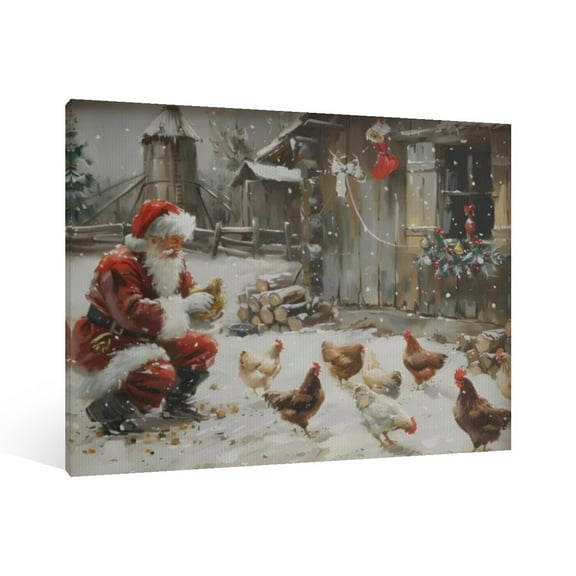 Vintage Christmas Santa Claus and Christmas Chicken Wall Art Paint - Retro Xmas Festive Winter Holiday Christmas Wall Decor Canvas for Living Room Kitchen Bathroom Home Bedroom Decor Framed