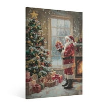 Vintage Christmas Santa Claus by the Christmas tree Wall Art Paint - Retro Xmas Festive Winter Holiday Christmas Wall Decor Canvas for Living Room Kitchen Bathroom Home Bedroom Decor Framed