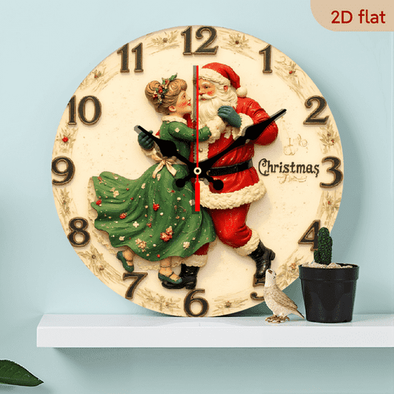 Vintage Christmas Santa Claus Dancing with Girl MDF Wood 10in Round Wall Clock, Silent Non-Ticking Battery Operated, Festive Holiday Nostalgic Home Decor
