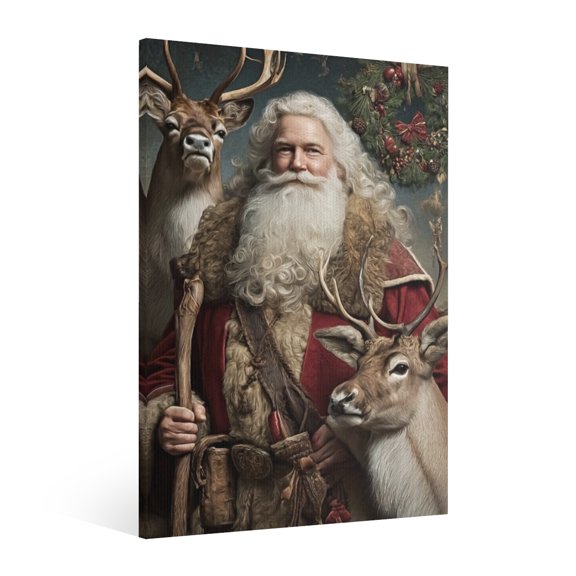 Vintage Christmas Santa Claus and Elk Scene Wall Art Paint Framed - Xmas Festive Winter Holiday Christmas Wall Decor Canvas Print for Living Room Kitchen Bathroom Home Bedroom Decor