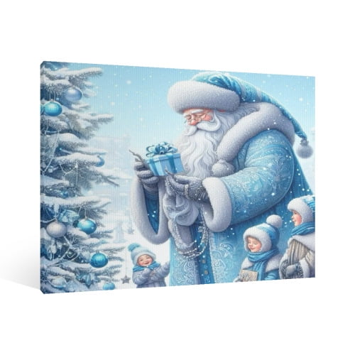 Vintage Christmas Santa Claus and Elves Wall Art Paint Framed - Retro Xmas Festive Winter Holiday Christmas Wall Decor Canvas Print for Living Room Kitchen Bathroom Home Decor