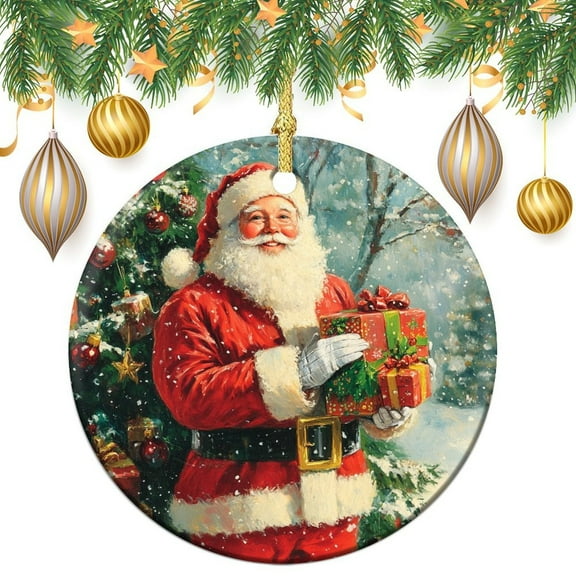 Vintage Christmas Santa Claus Holding Presents Christmas Ceramic Ornament Farmhouse Holiday Winter 3" Circle Ceramic Ornament Funny Commemorative Ornaments & Gift Gifts for Women Men On Christmas